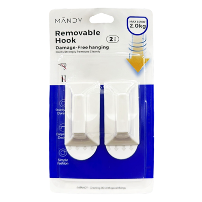 MANDY Self Adhesive SQ Removable Hooks 2 Strips MAX LOAD 2KG